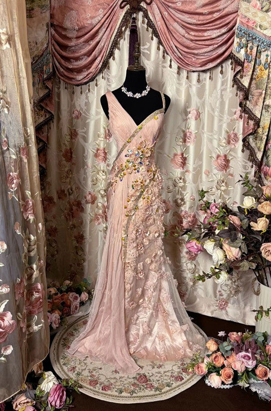 Elegant Pink Tulle Long Prom Gown New Evening Dress fg7281