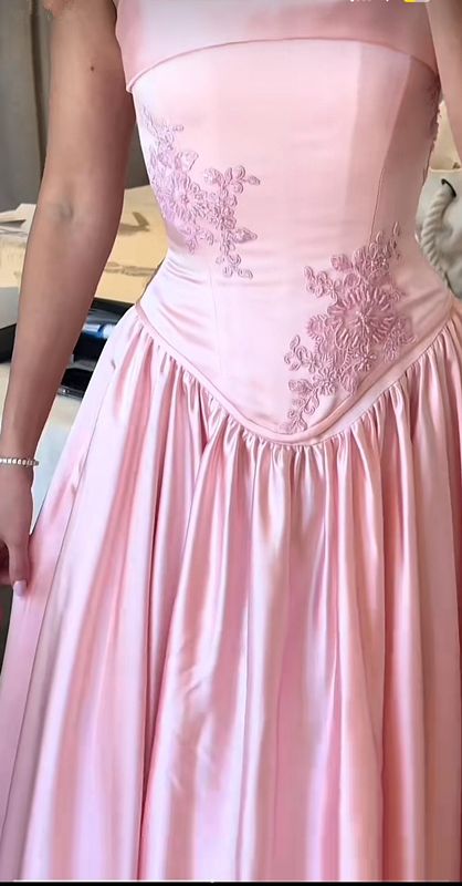 Elegant Pink Satin A-Line Long Evening Dress Birthday Outfit fg7252