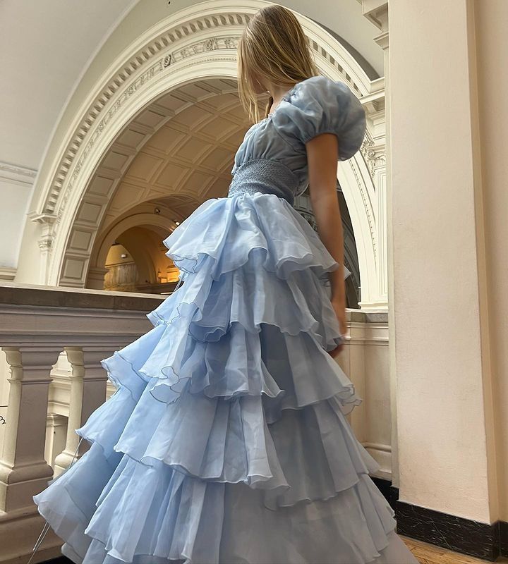 Sky Blue Tiered Skirt Prom Dress Puff Short Sleeves Formal Party Evening Gown fg7259