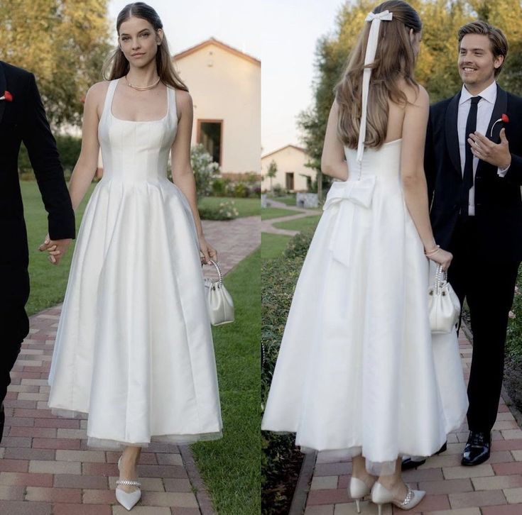 Satin Tulle Midi Wedding Dress, Simple Square Neckline Tea Length Formal Prom Dress fg7288