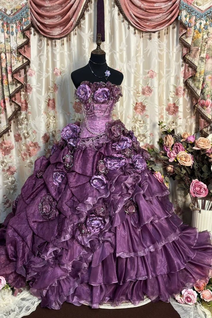 Vintage Purple Ball Gown Strapless Floral Beaded Layered Organza Prom Dress 18th Birthday Dress fg8523