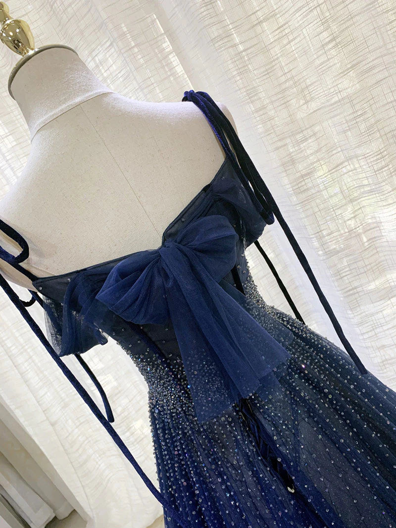 Shiny Navy Blue Tulle Straps Long Prom Dresses Party Dresses, A-line Beaded Prom Dresses fg5018