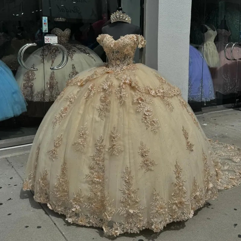 Champagne Off the Shoulder Ball Gown Applique Quinceanera Dress with Train fg8023