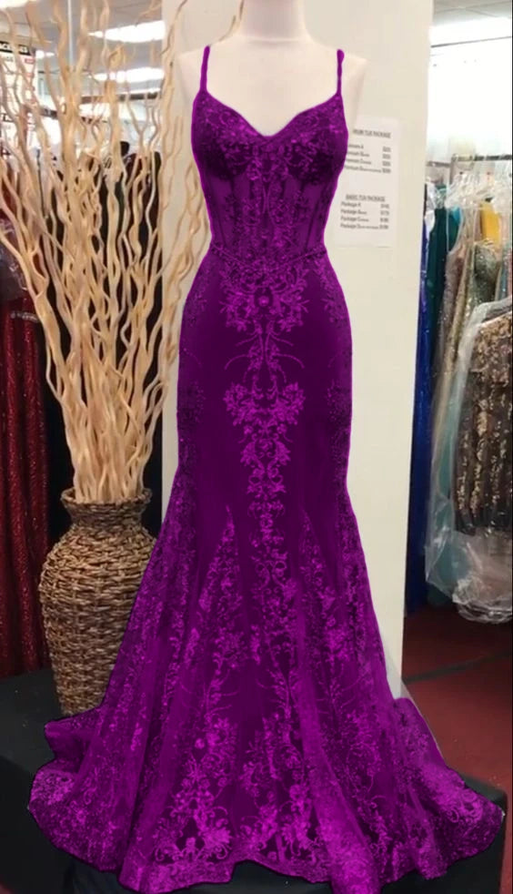 Charming V Neck Lace Mermaid Prom Dress Long Evening Dress fg5452