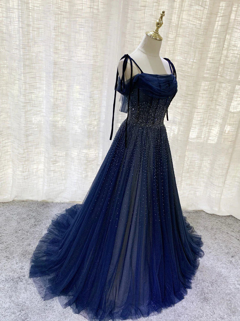 Shiny Navy Blue Tulle Straps Long Prom Dresses Party Dresses, A-line Beaded Prom Dresses fg5018