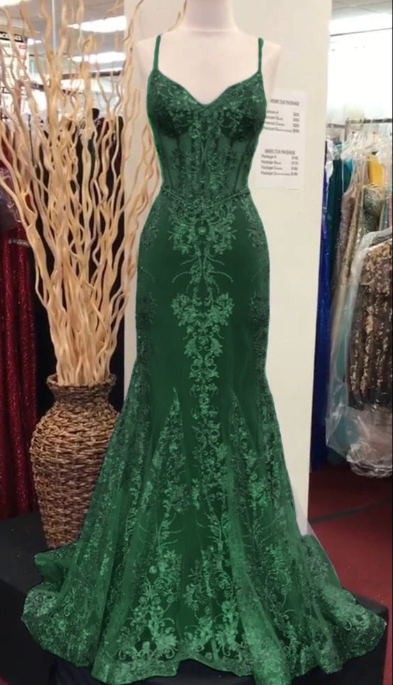 Charming V Neck Lace Mermaid Prom Dress Long Evening Dress fg5452