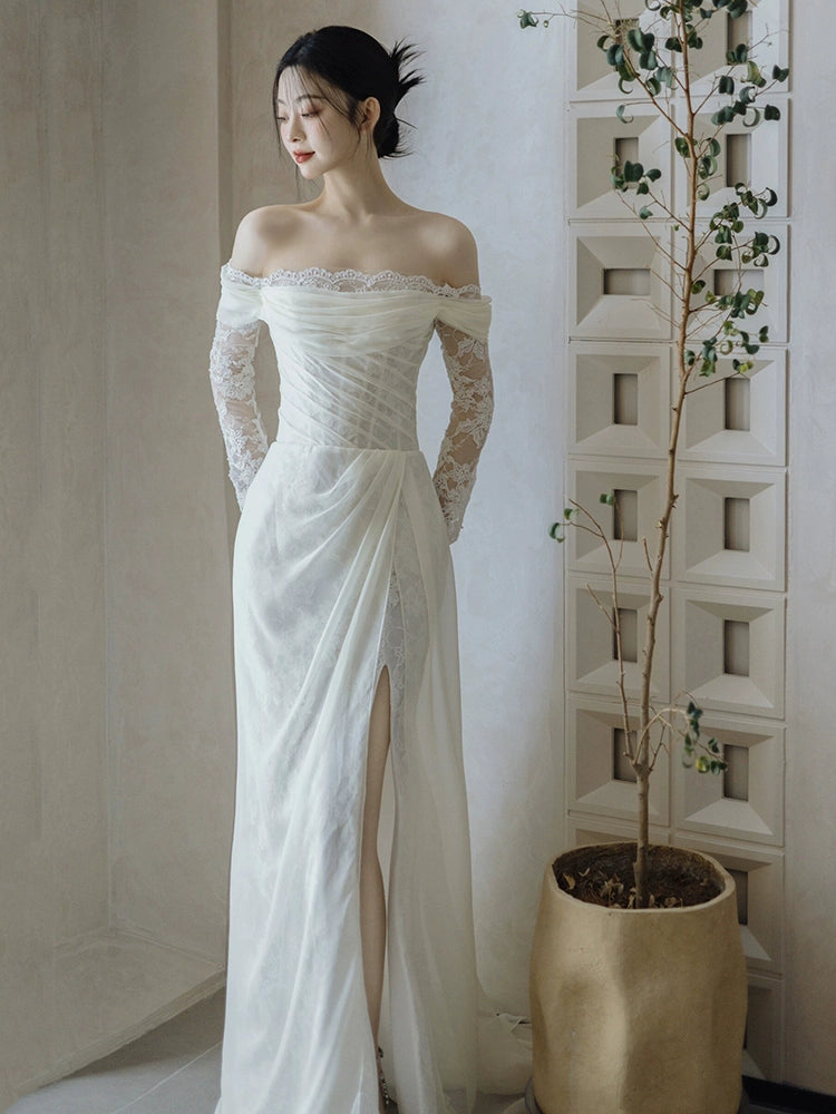 Off Shoulder Lace Long Wedding Dress Evening Party Dresses fg7704