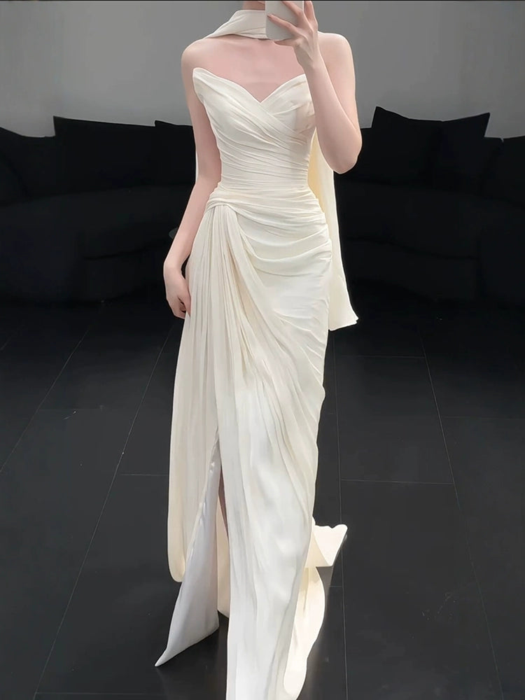 Strapless Pleat Long Wedding Dress Evening Party Dresses fg7706
