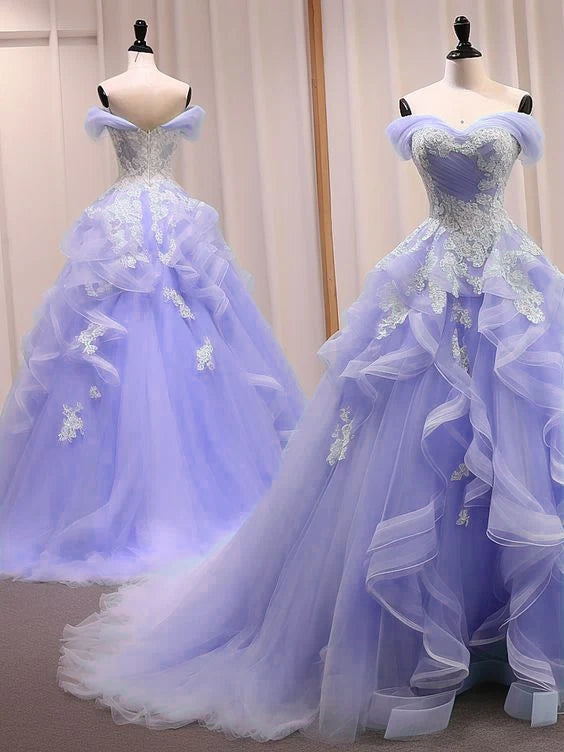 A-Line Sweetheart Neck Off Shoulder Tulle Lace Blue Long Prom Dress, Blue Sweet 16 Dress fg5338