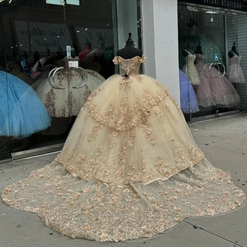 Champagne Off the Shoulder Ball Gown Applique Quinceanera Dress with Train fg8023
