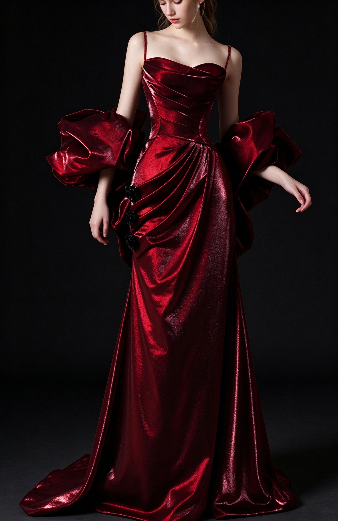 Burgundy Spaghetti Strap Mermaid Evening Gown With Puff Sleeves & Black Bows fg9142
