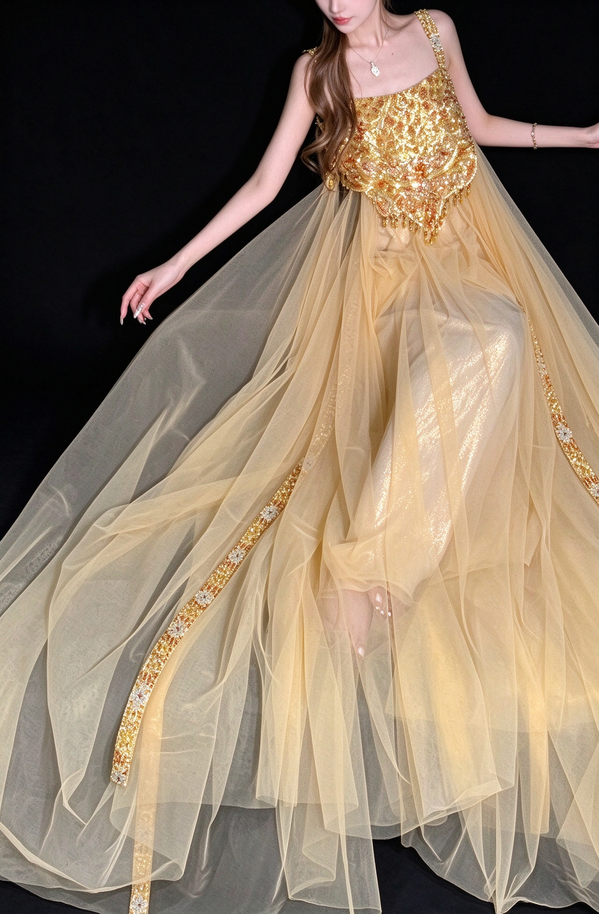 Gold Spaghetti Strap Beaded Tulle A Line Evening Dress fg9146
