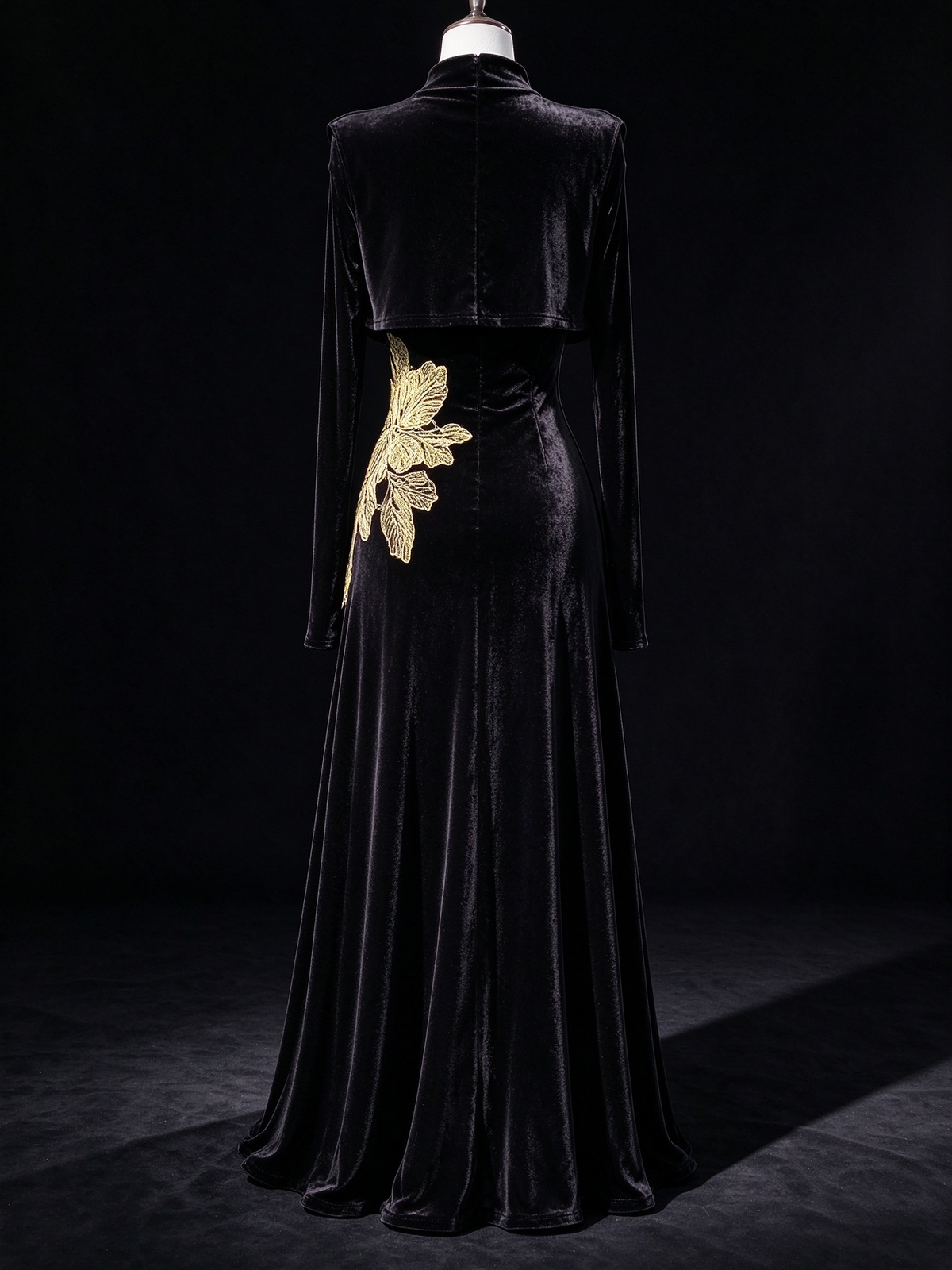 Black Velvet High Neck Long Sleeve Maxi Dress With Detachable Capelet & Gold Floral Embroidery fg8989
