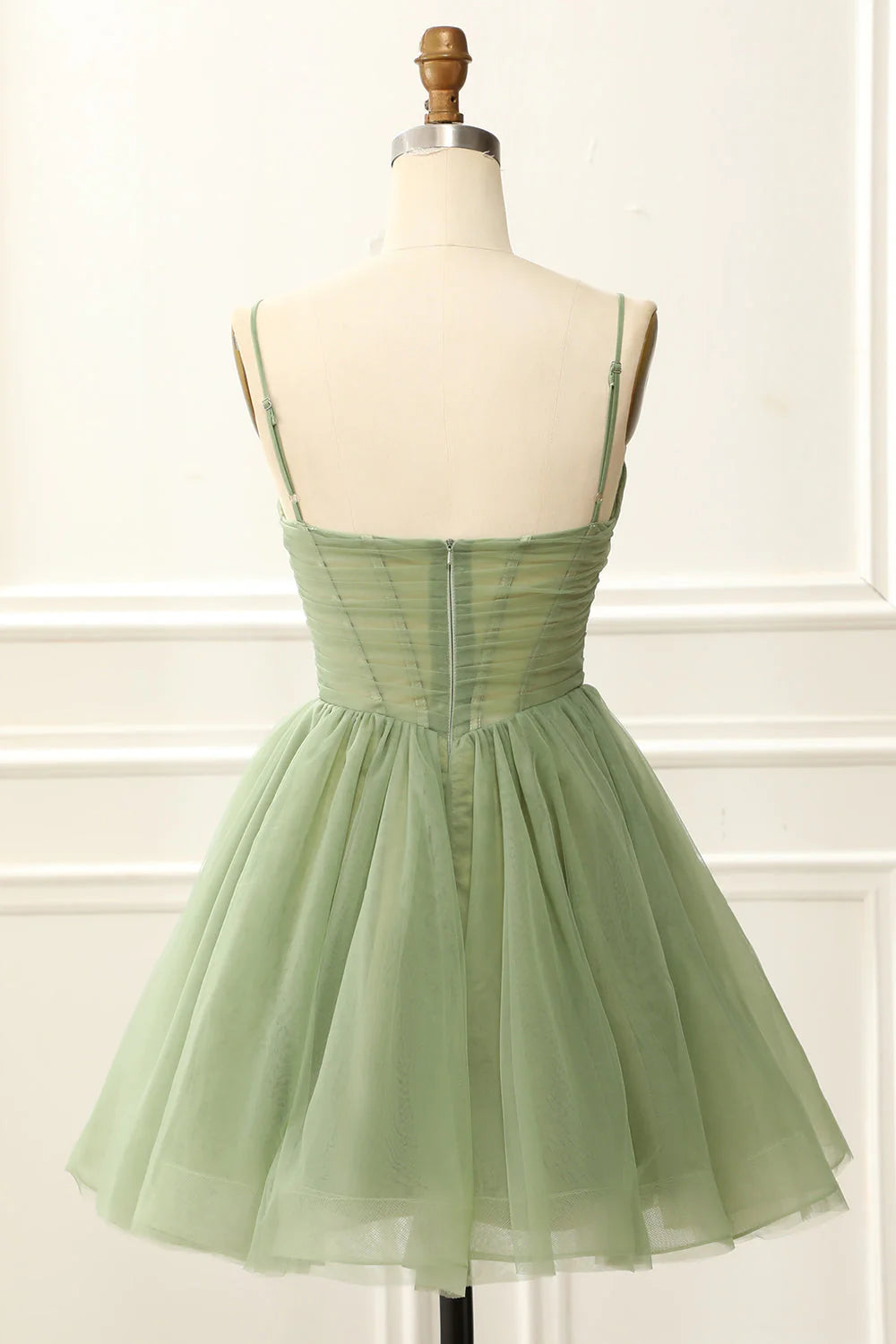 A Line Spaghetti Straps V Neck Short Above Knee Tulle Homecoming Dress fg4555