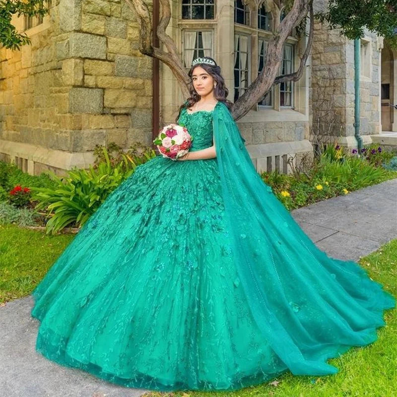 Green Sparkly Quinceanera Dresses With Cape Tassels Sweet 16 Dresses Ball Gown 3D Flowers Tulle Birthday Gowns fg4570