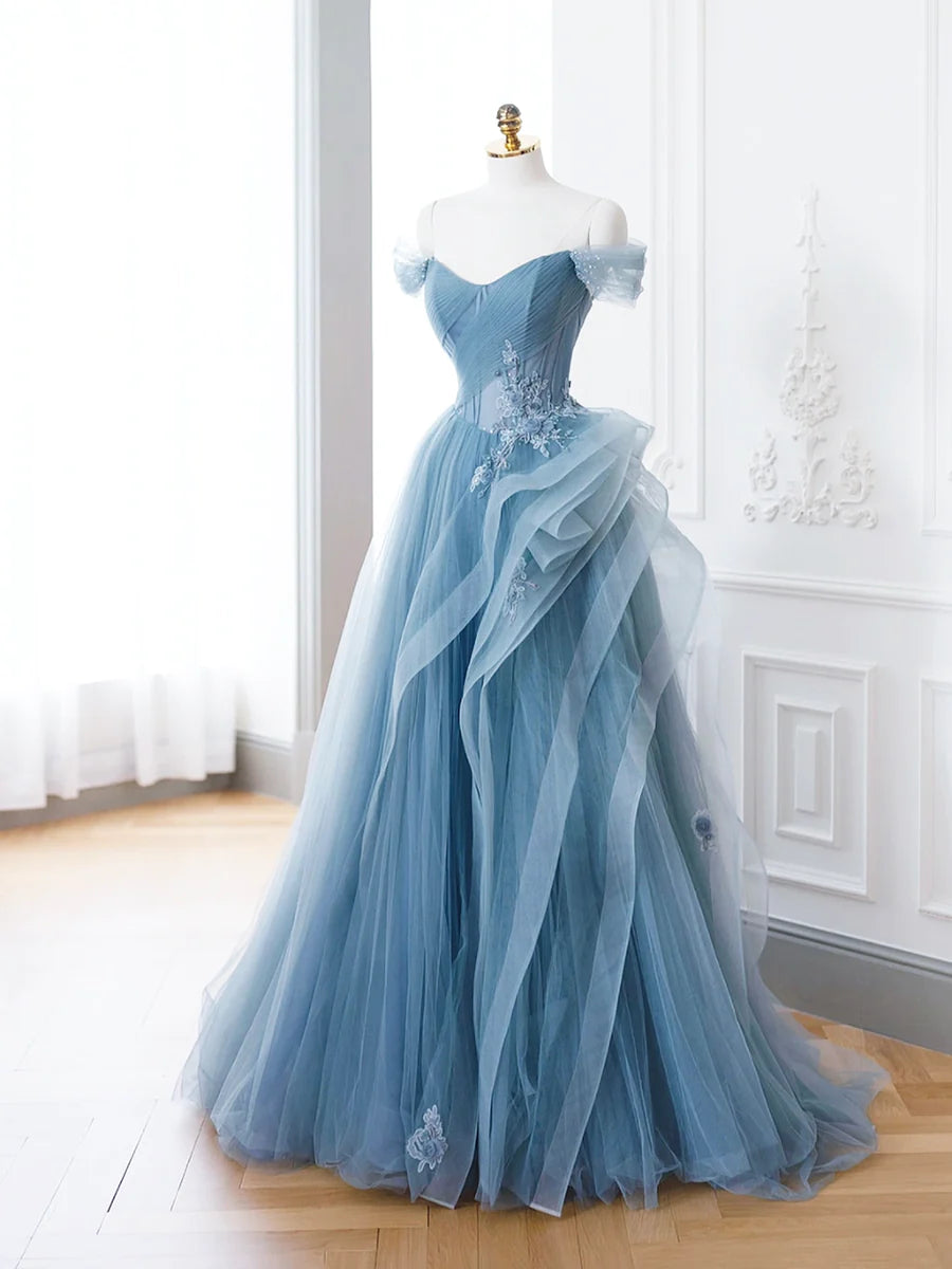 Blue Tulle Lace Long Formal Dress, A-Line Blue Evening Prom Dress fg4441
