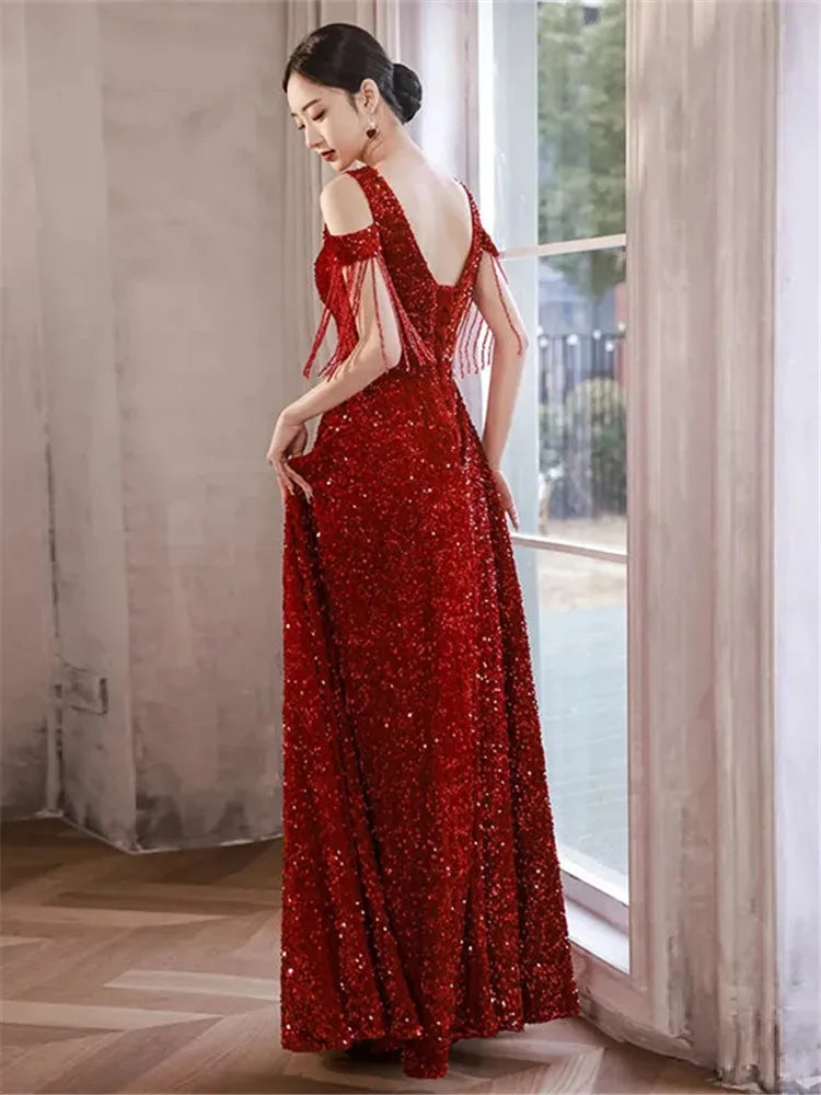 Wine Red Sequins Evening Ball Gown Banquet Party Long Dress fg4426