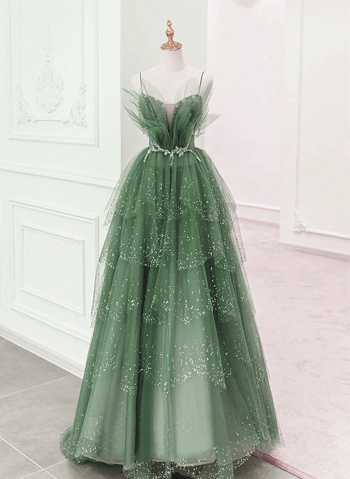 Green Layers Tulle Straps Beaded Long Party Dress, Green Long Formal Dress fg4491