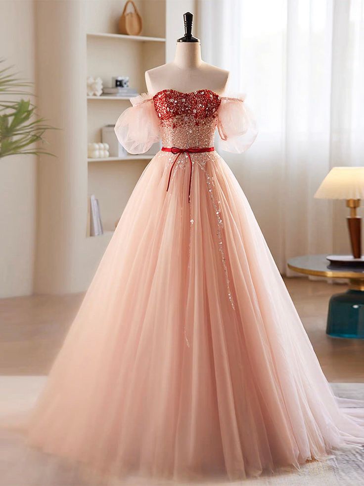 A-Line Sweetheart Neck Sequin Tulle Long Prom Dress, Formal Dress fg6880