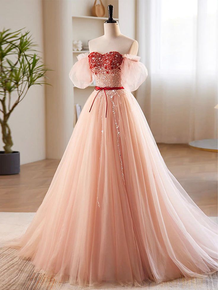 A-Line Sweetheart Neck Sequin Tulle Long Prom Dress, Formal Dress fg6880