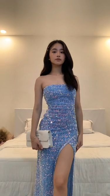 Strapless Blue Sequin Sexy Evening Dress fg6896