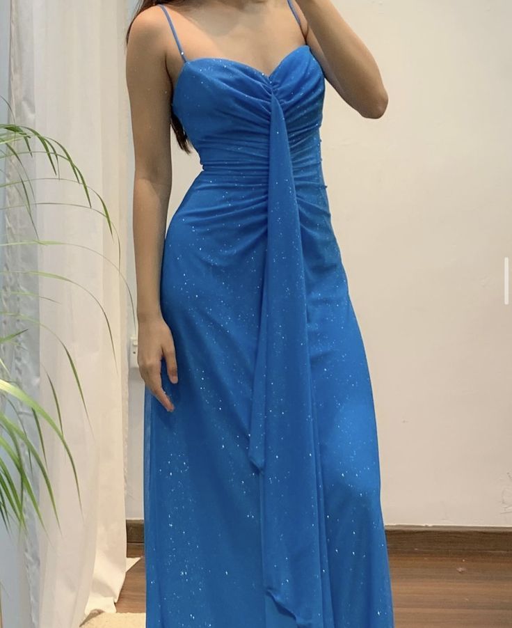 Spaghetti Straps Blue A Line Long Prom Dress Sparkling Vintage Formal Party Gown fg6928