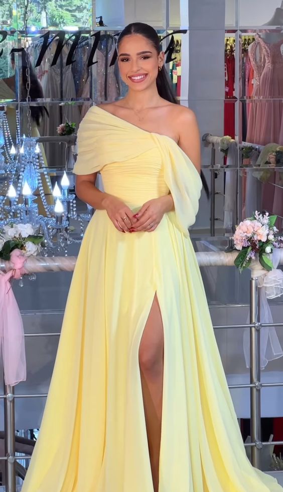 Vintage A line Yellow Long Prom Dress Evening Dresses fg6832