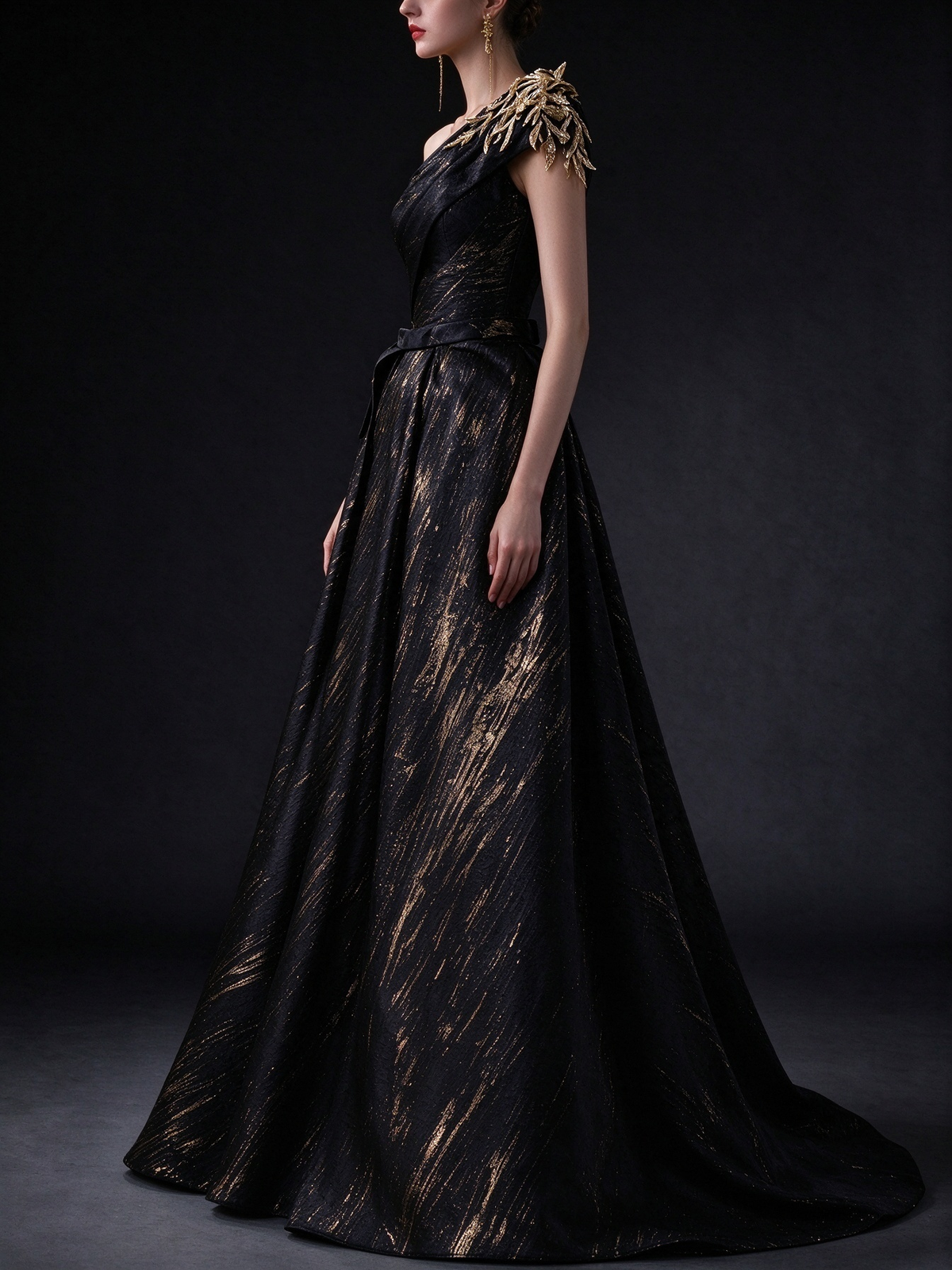 Black Gold Streaked Jacquard One Shoulder A-line Evening Dress with Gold Leaf Applique fg9020