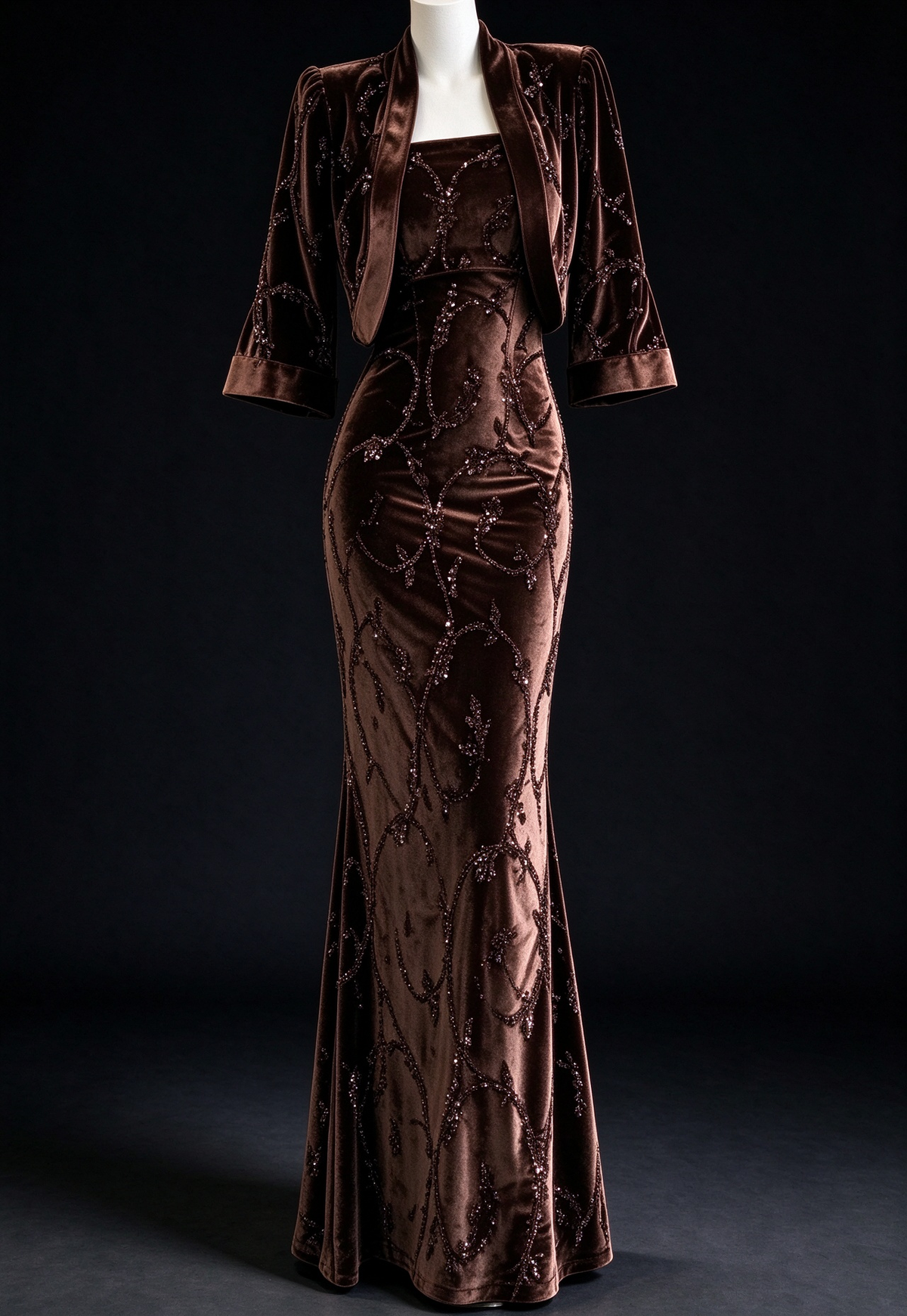 Coffee Brown Velvet Mermaid Evening Dress Set with Beaded Scroll Pattern & Short Bolero Jacket fg9023