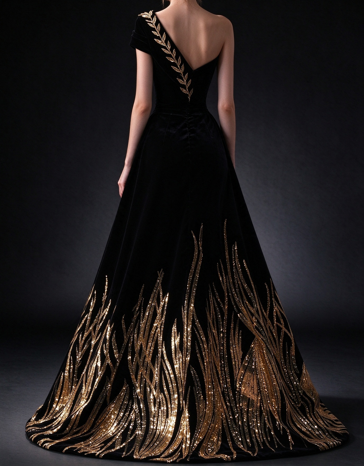 Black Velvet One-Shoulder A-Line Gown with Gold Sequin Reed Embroidery fg9019