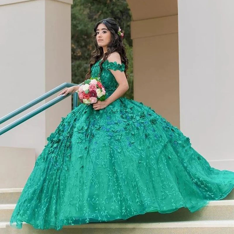 Green Sparkly Quinceanera Dresses With Cape Tassels Sweet 16 Dresses Ball Gown 3D Flowers Tulle Birthday Gowns fg4570