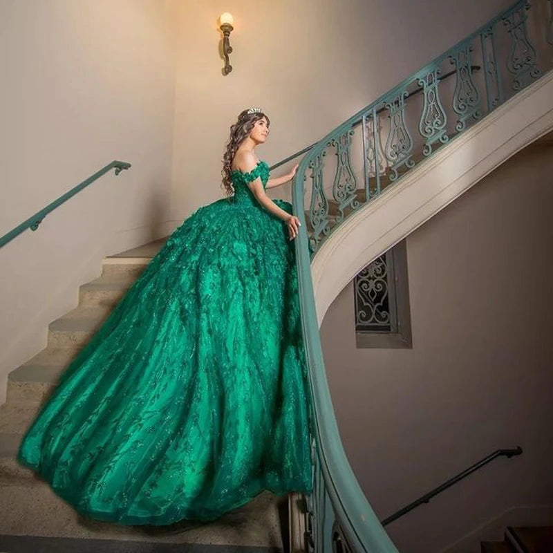 Green Sparkly Quinceanera Dresses With Cape Tassels Sweet 16 Dresses Ball Gown 3D Flowers Tulle Birthday Gowns fg4570