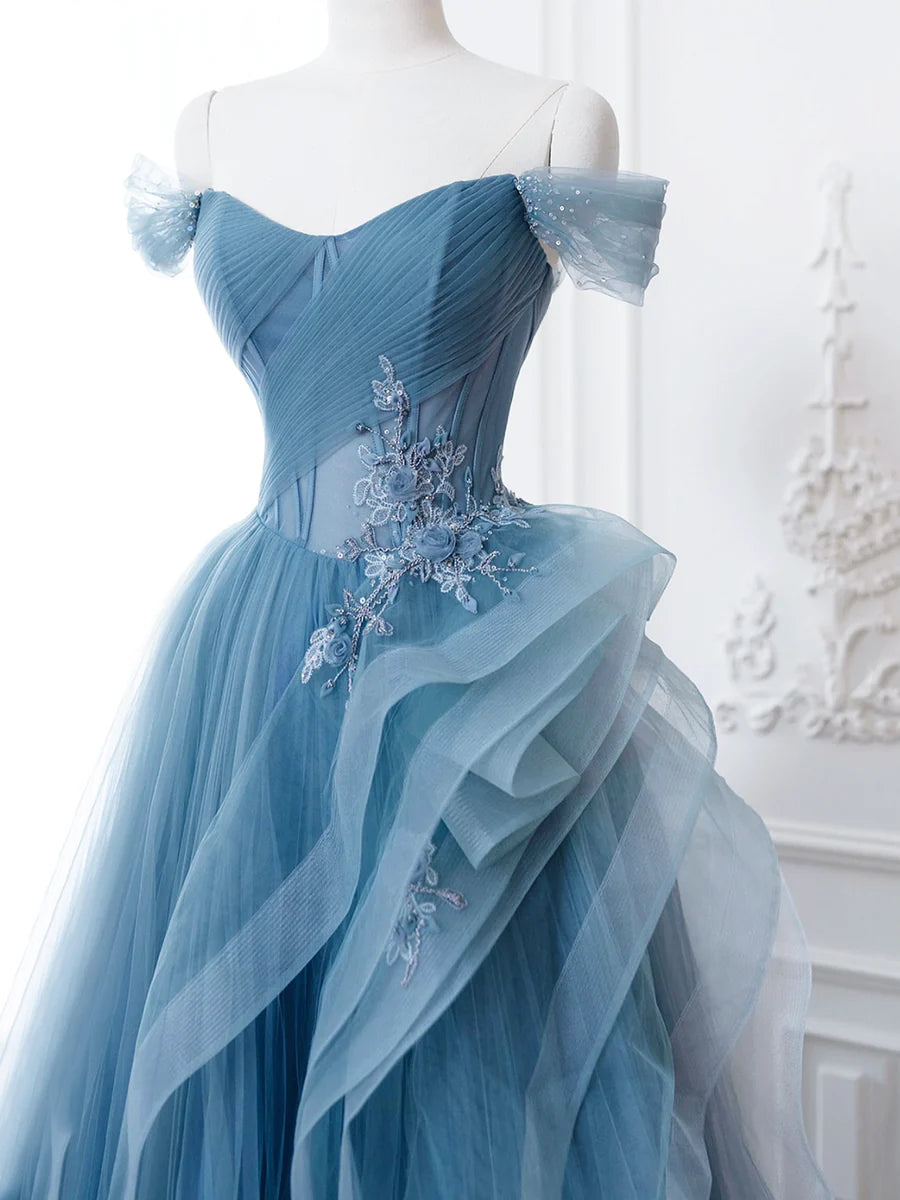 Blue Tulle Lace Long Formal Dress, A-Line Blue Evening Prom Dress fg4441