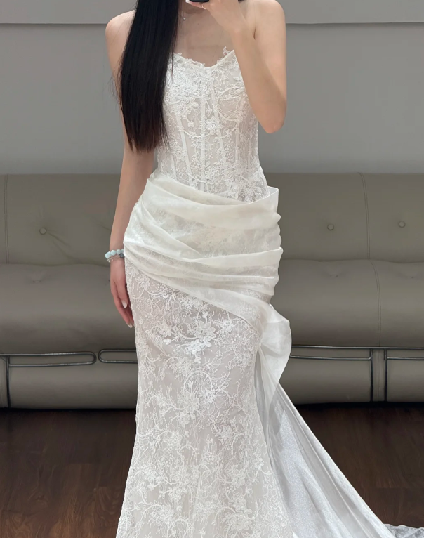 Sleeveless White Lace Wedding Dress Mermaid Classy Wedding Gowns fg8679