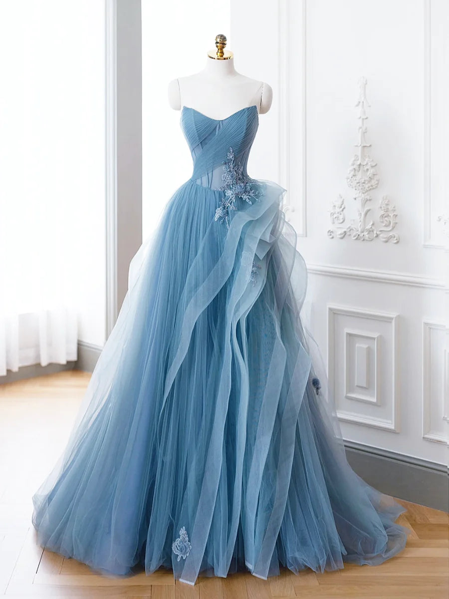 Blue Tulle Lace Long Formal Dress, A-Line Blue Evening Prom Dress fg4441