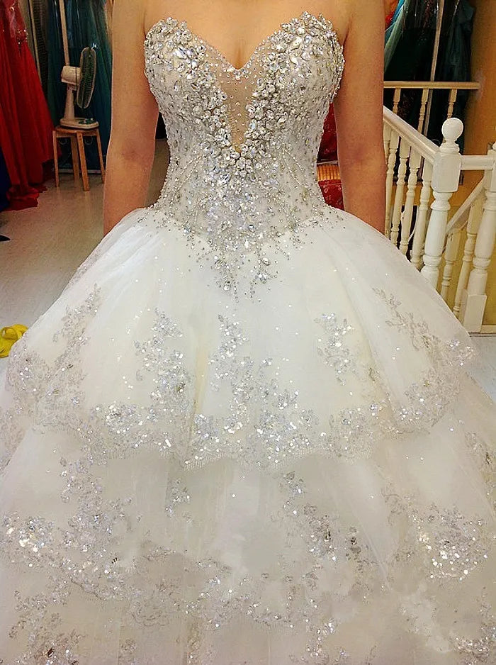 Luxury Ball Gown Fluffy Wedding Dresses Plus Size Tulle Lace Crystal Diamond Wedding Gowns fg4424