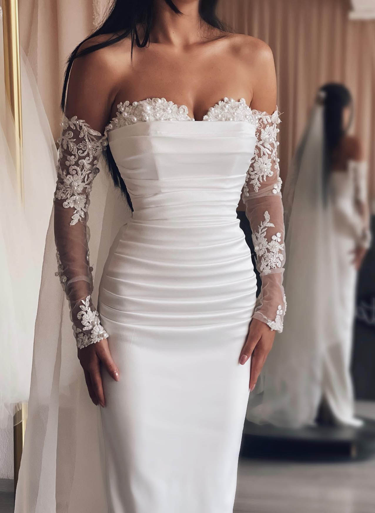 Mermaid Wedding Dresses With Detachable Skirt Sweetheart Long Sleeves Beaded With Pearls Wedding Dress fg4119