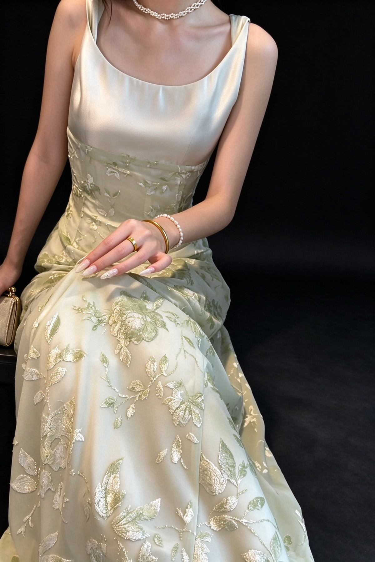 Square Neck Satin Burnout Long Dress fg9067