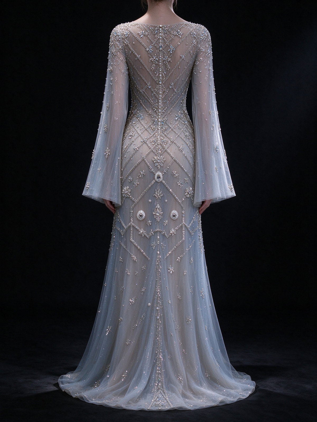 Pale Blue Sheer Tulle Mermaid Gown, Long Flare Sleeve, Full Hand-Beaded Rhinestone & Pearl Embroidery fg8996