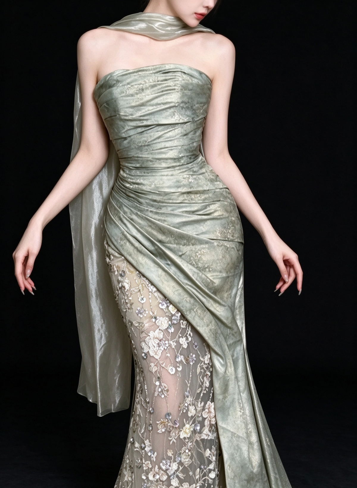 Sage Green Strapless Floral Mermaid Evening Gown With Scarf fg9099