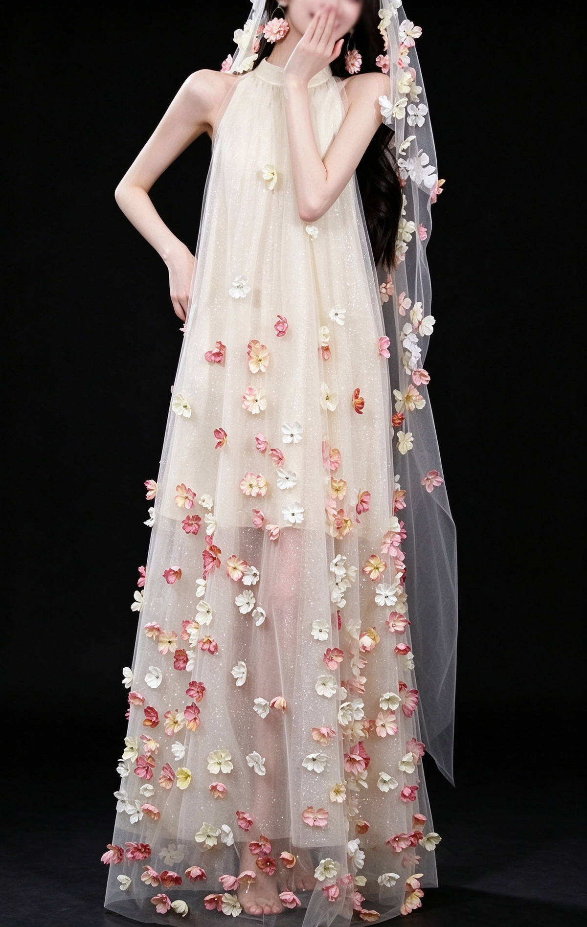 Champagne Halter 3D Floral Tulle Evening Gown fg9104