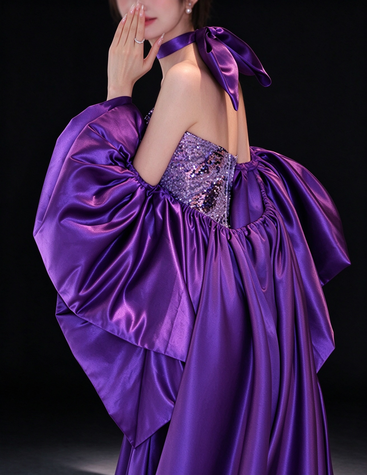 Purple Strapless Sequin Mermaid Evening Dress With Satin Puff Sleeves fg9155