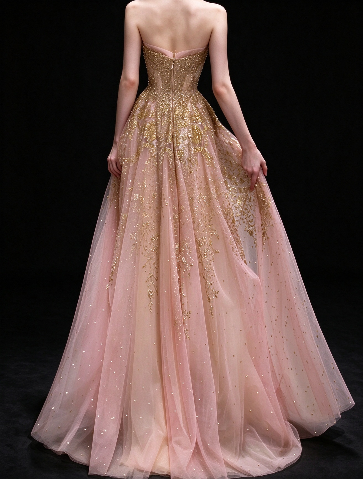 Blush Strapless Gold Glitter Tulle A Line Evening Gown fg9105