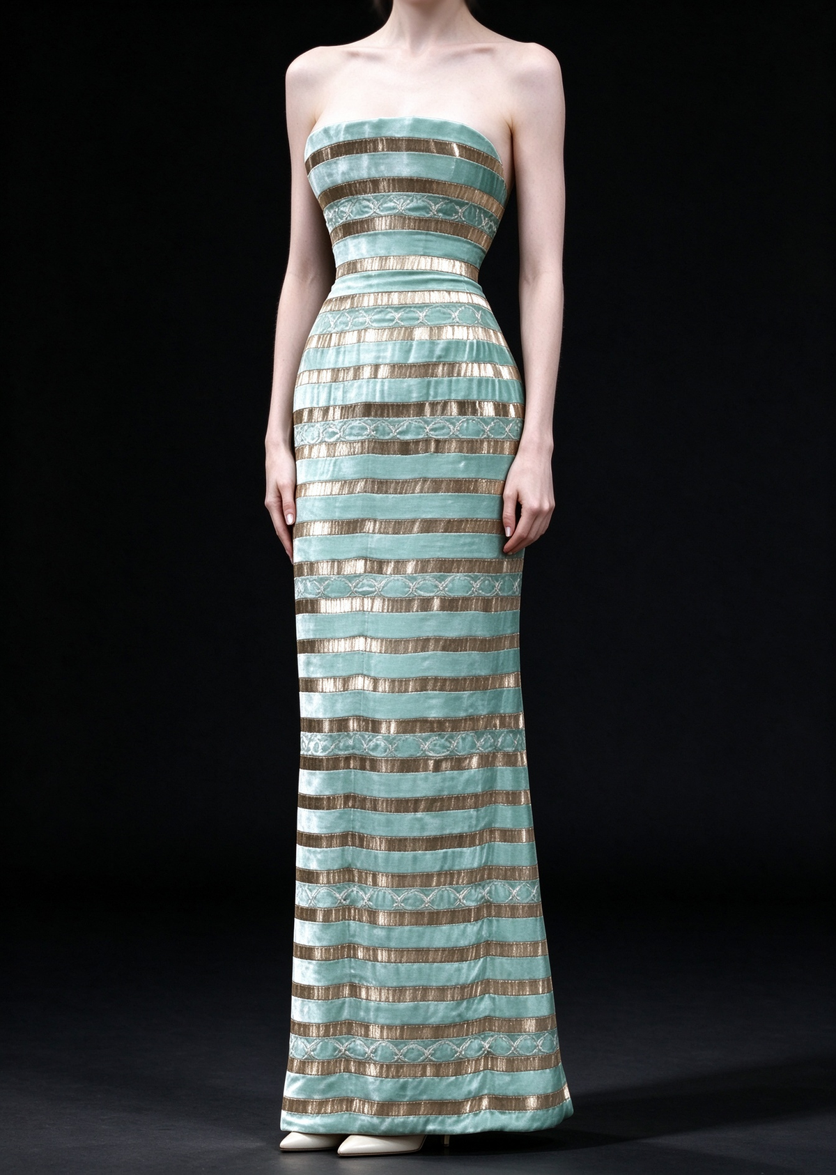 Green Strapless Velvet Evening Gown fg9087