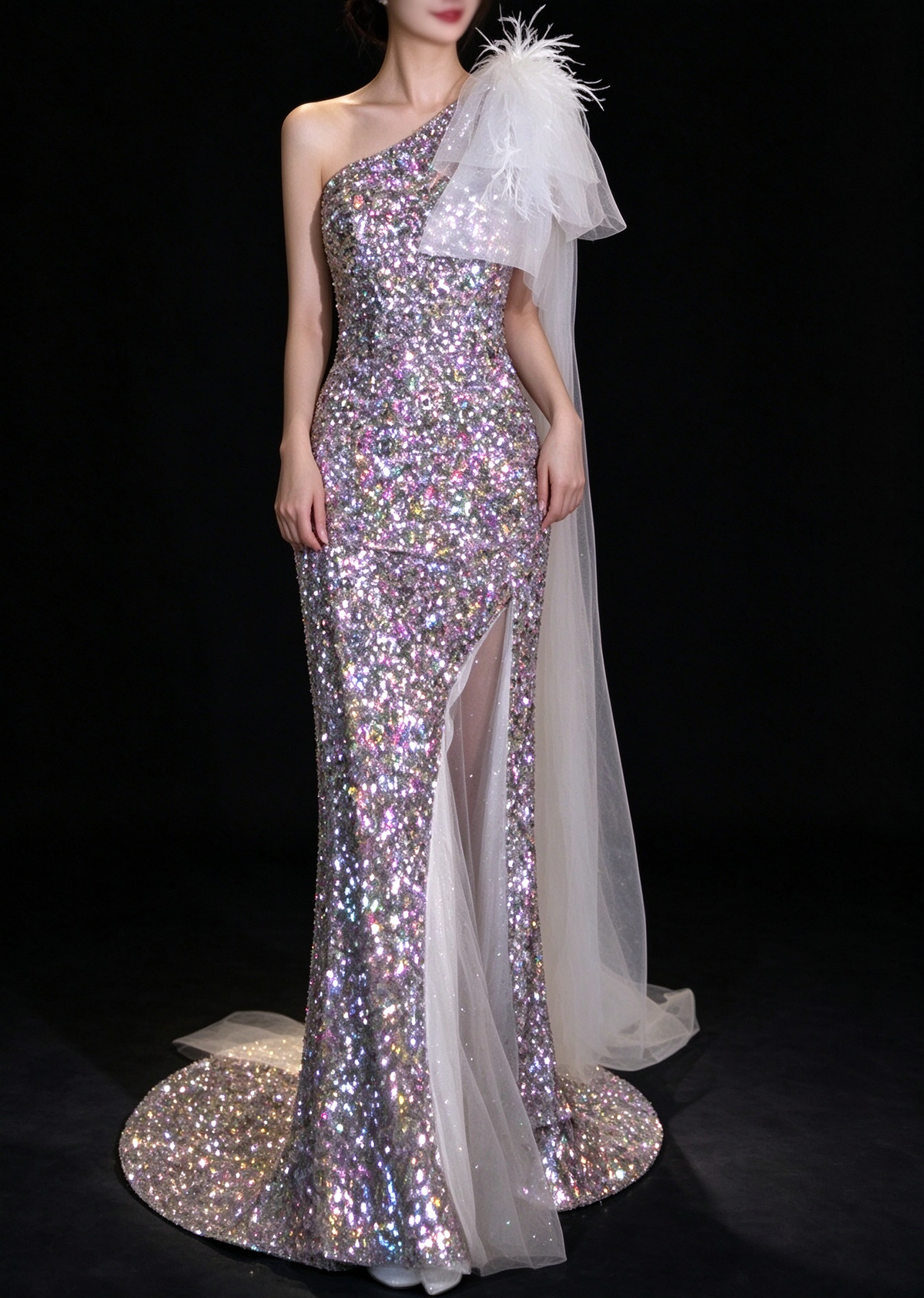 Iridescent One Shoulder Feather Tulle Train Mermaid Evening Dress fg9159