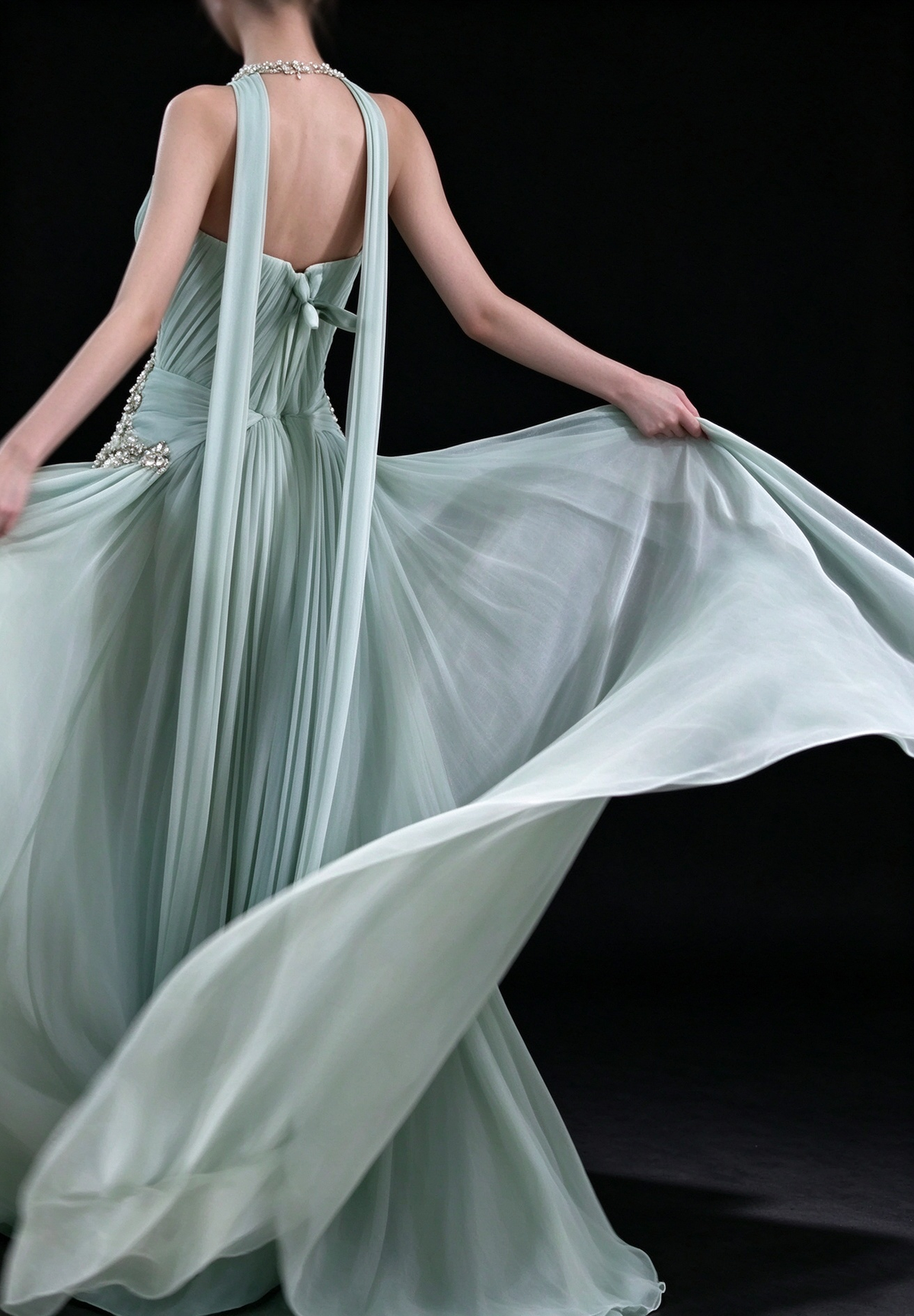 Mint Strapless Halter Ribbed Chiffon A Line Evening Gown fg9091
