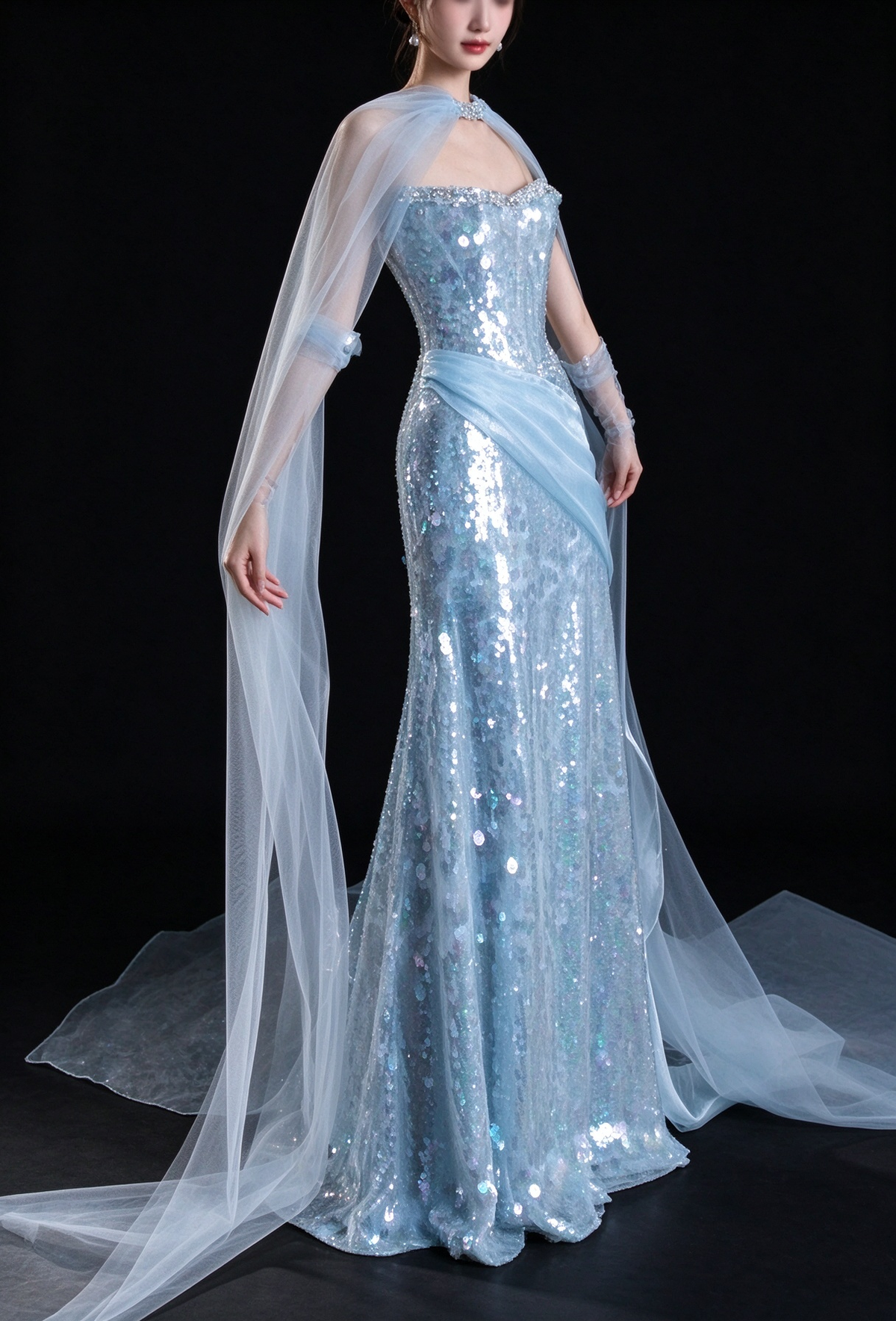 Light Blue Strapless Sequin Mermaid Evening Dress With Cape fg9164