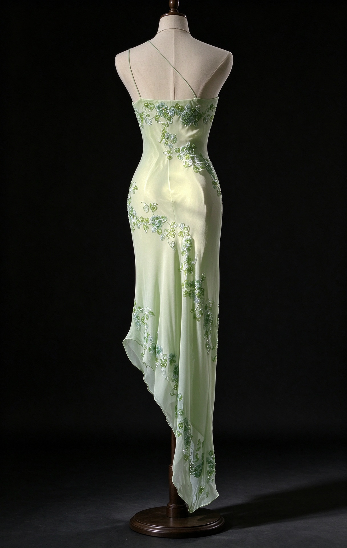 Green Spaghetti Strap Floral Beaded Asymmetrical Evening Dress fg9093