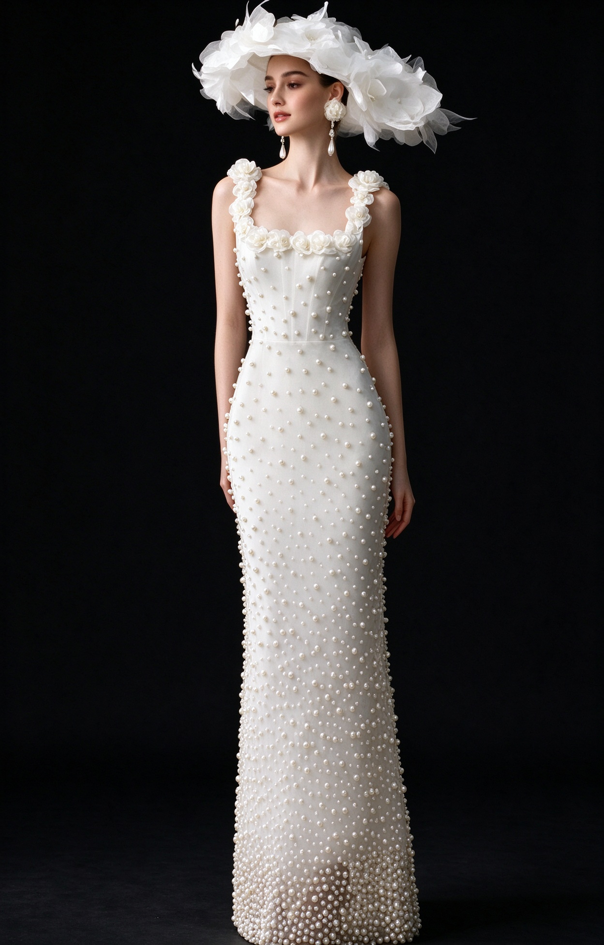 White Square Neck 3D Floral Pearl Mermaid Wedding Dress fg9171