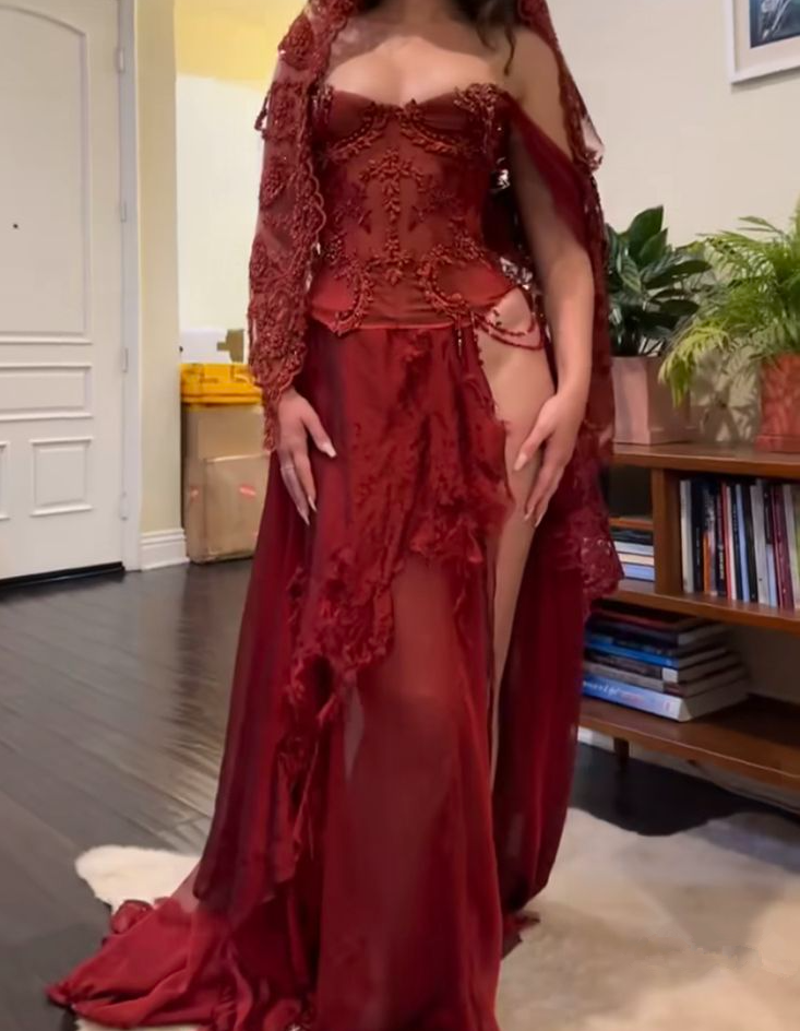 Burgudny Off Shoulder Long Dress Evening Party Dress fg7404